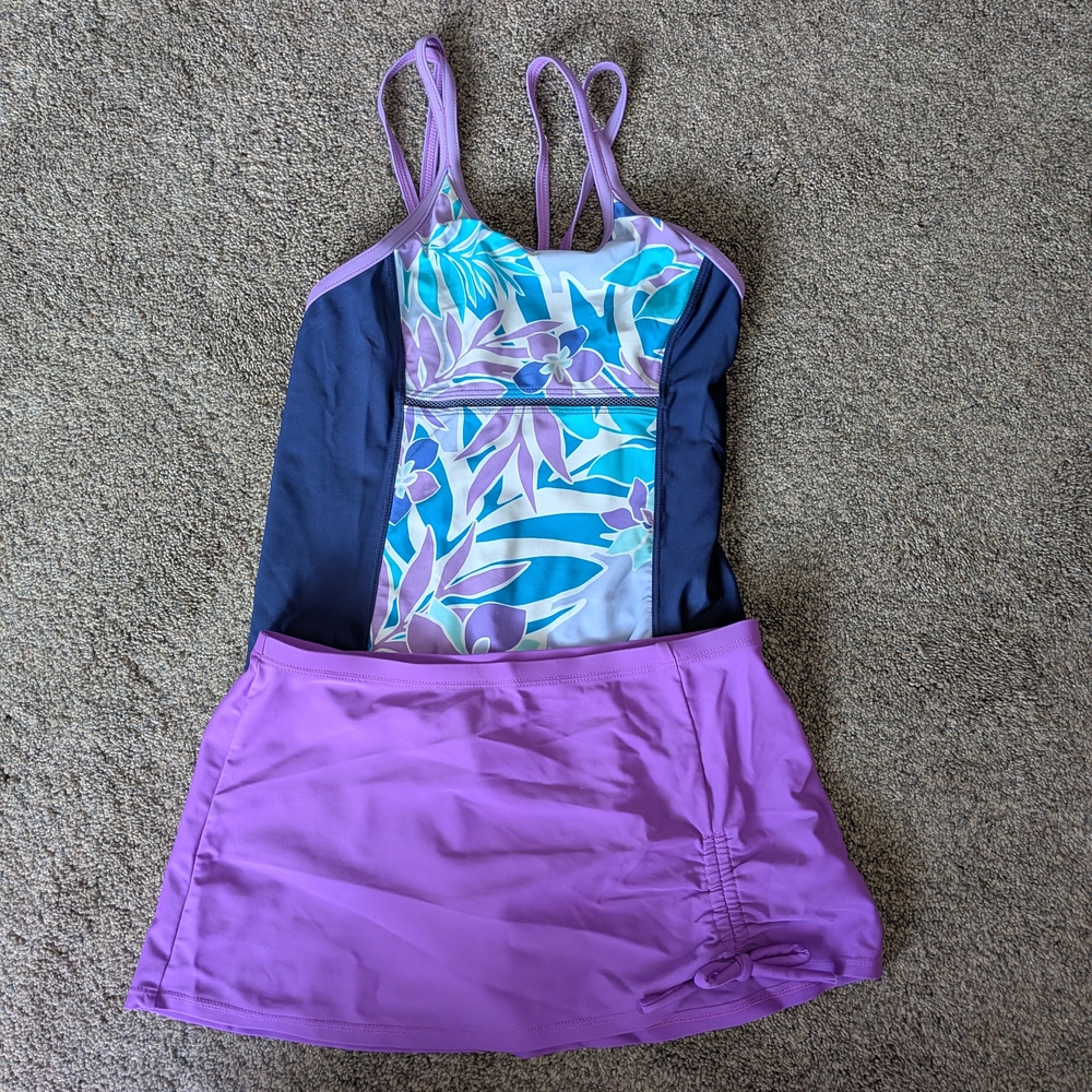 Purple and Blue Floral Swimsuit with Skirt For Girls